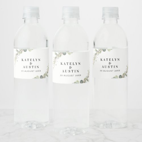 Watercolor eucalyptus wedding water bottle label