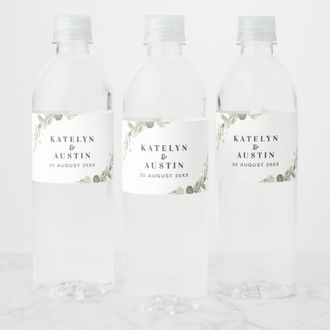 Watercolor eucalyptus wedding water bottle label (Bottles)