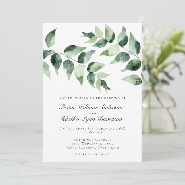 Watercolor Eucalyptus Wedding | White Invitation (Standing Front)