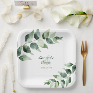 Watercolor Eucalyptus Wedding White Paper Plates