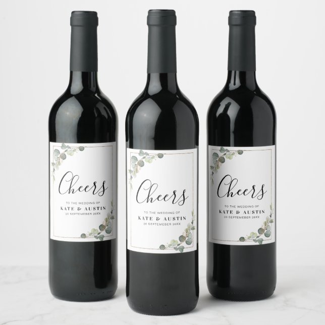 watercolor eucalyptus wedding wine label (Bottles)