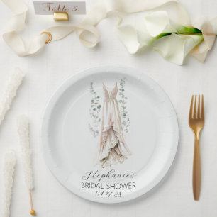 Watercolor Eucalyptus & White Dress Bridal Shower Paper Plates