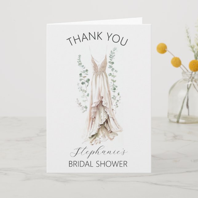 Watercolor Eucalyptus & White Dress Bridal Shower  Thank You Card (Front)