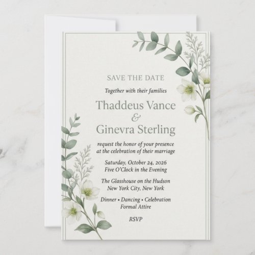 Watercolor Eucalyptus & White Hellebore Save Invitation