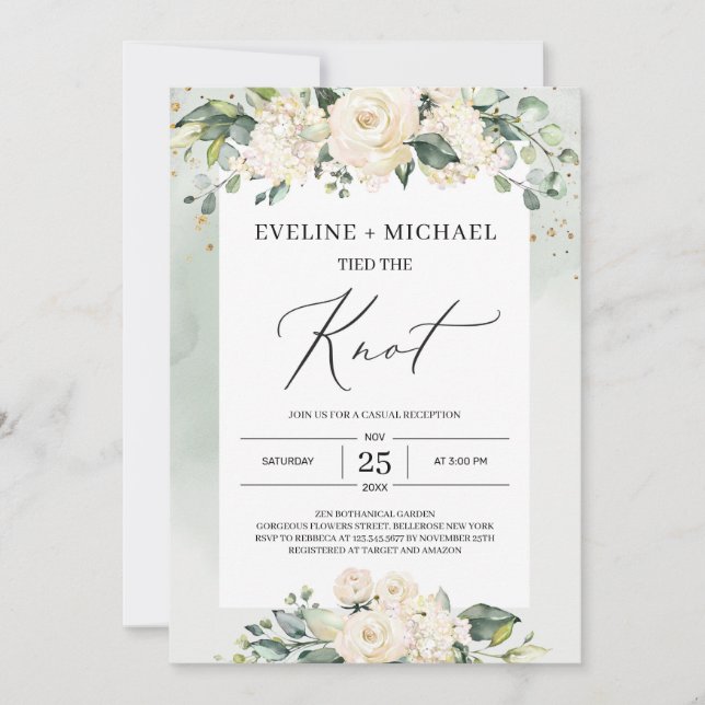 Watercolor eucalyptus white roses elopement invitation (Front)