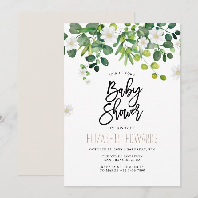 Watercolor Eucalyptus Wildflowers Baby Shower Invitation (Front/Back)