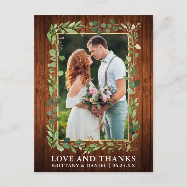 Watercolor Eucalyptus Wood Gold Love and Thanks Postcard (Front)