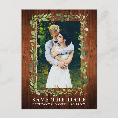 Watercolor Eucalyptus Wood Gold Save The Date Postcard