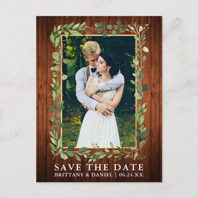 Watercolor Eucalyptus Wood Gold Save The Date Postcard (Front)