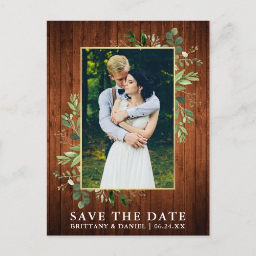 Watercolor Eucalyptus Wood Save The Date Postcard