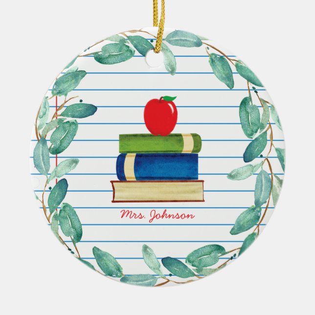 Watercolor Eucalyptus Wreath Apple Books Teacher Ceramic Ornament (Front)
