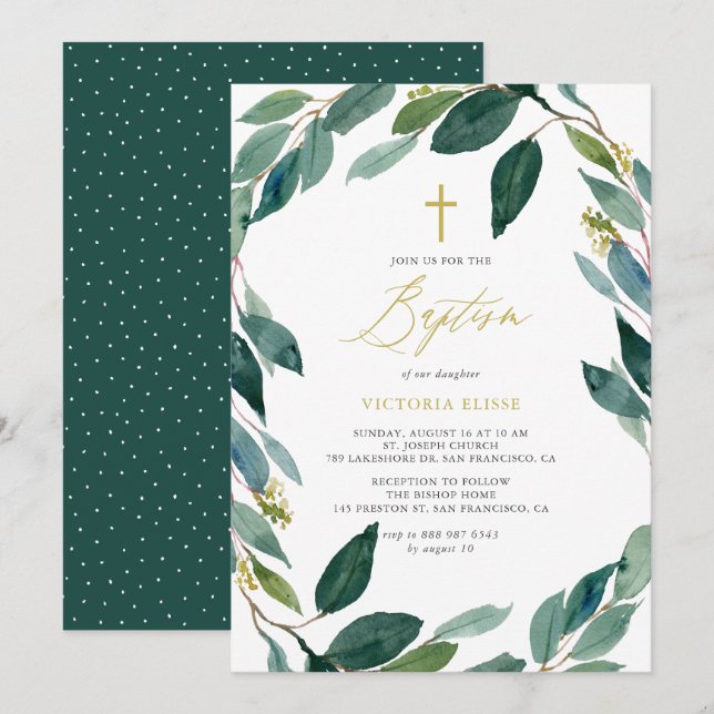 Watercolor Eucalyptus Wreath Baptism Invitation (Front/Back)