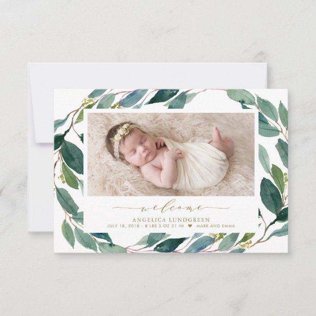 Watercolor Eucalyptus Wreath Birth Announcement (Front)