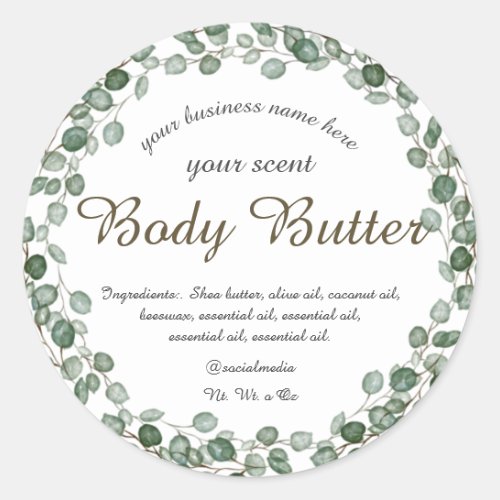 watercolor eucalyptus wreath body butter classic r classic round sticker