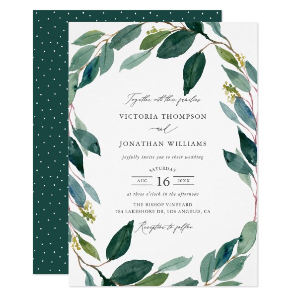 256587240532972931 Watercolor Eucalyptus Wreath Botanical Wedding Invitation