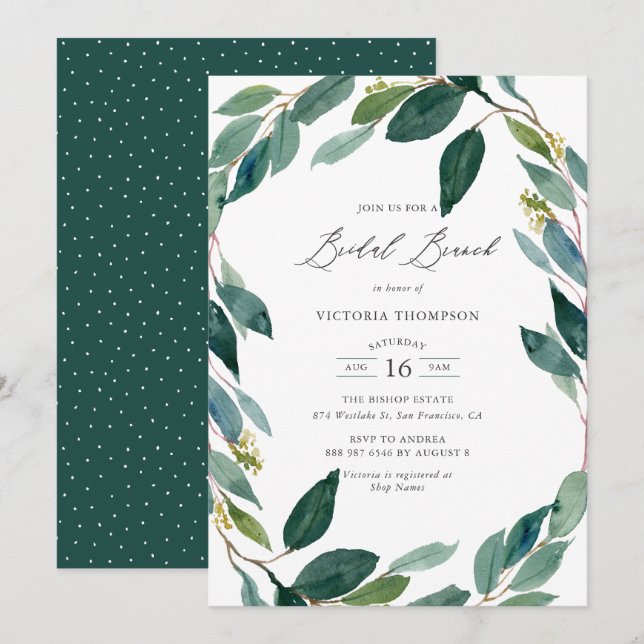 Watercolor Eucalyptus Wreath Bridal Brunch Invitation (Front/Back)