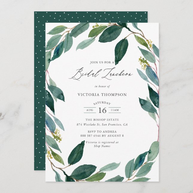 Watercolor Eucalyptus Wreath Bridal Luncheon Invitation (Front/Back)