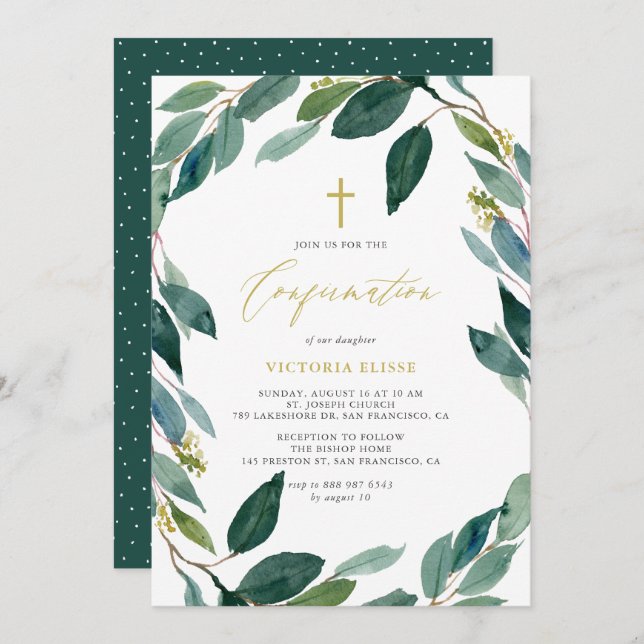 Watercolor Eucalyptus Wreath Confirmation Invitation (Front/Back)
