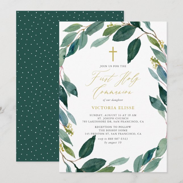 Watercolor Eucalyptus Wreath First Holy Communion Invitation (Front/Back)
