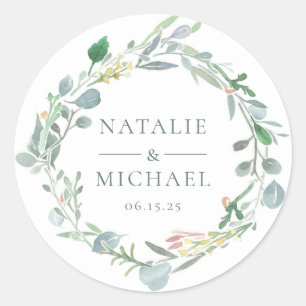 Watercolor Eucalyptus Wreath Greenery Wedding Classic Round Sticker