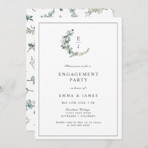 Watercolor Eucalyptus Wreath Monogram Engagement Invitation