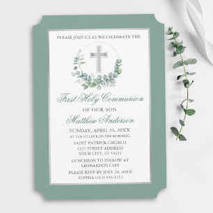 Watercolor Eucalyptus Wreath Silver Communion Invitation