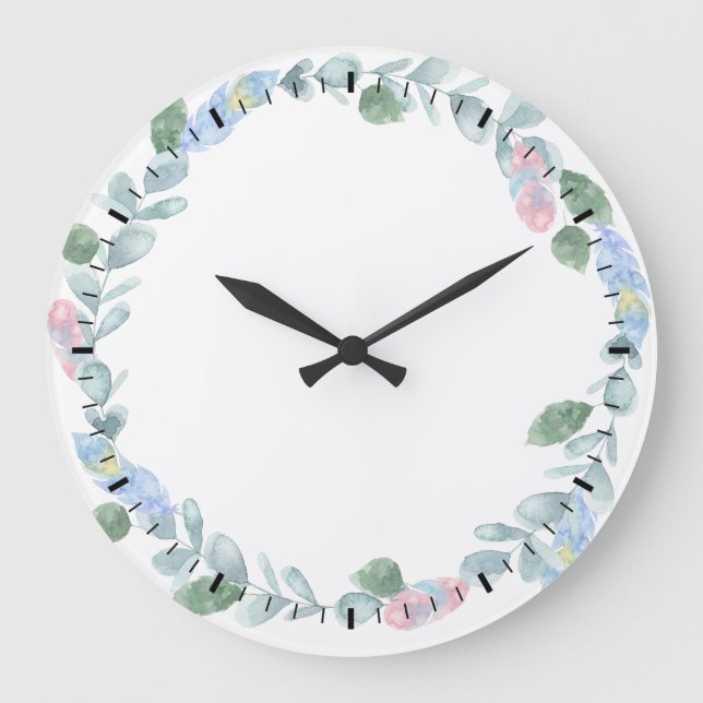 Watercolor Eucalyptus Wreath Wall Clock (Front)