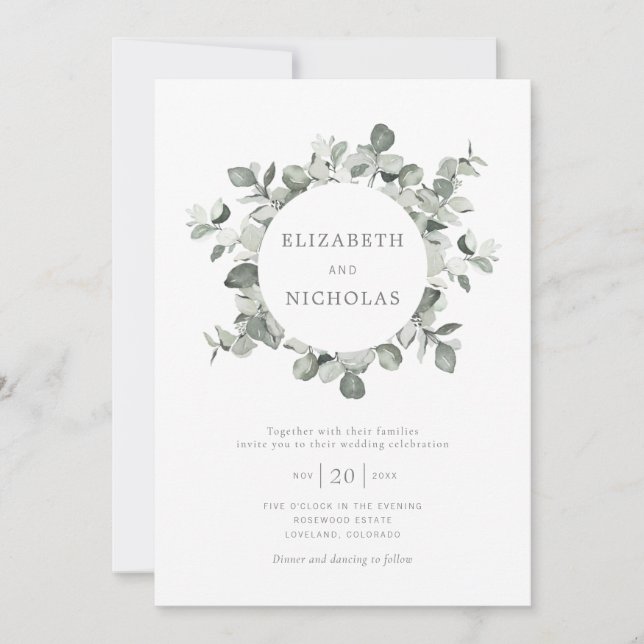 Watercolor Eucalyptus Wreath Wedding Invitation (Front)
