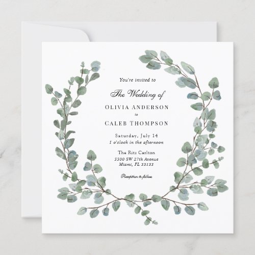 Watercolor Eucalyptus Wreath Wedding Invitation