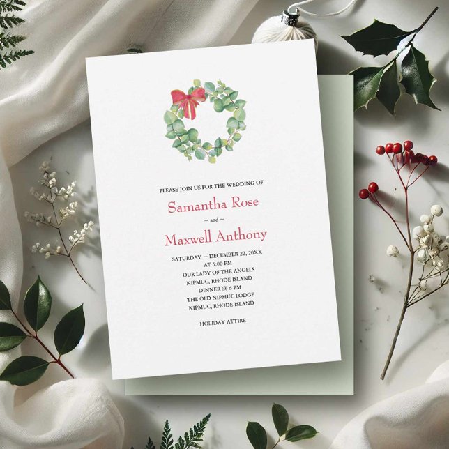 Watercolor Eucalyptus Wreath Wedding Invitation (Winter wedding invitations watercolor eucalyptus & red bow wreath by Victoria Grigaliunas VG Invites)