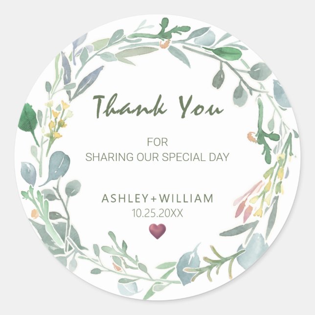 Watercolor Eucalyptus Wreath Wedding Thank You Classic Round Sticker (Front)