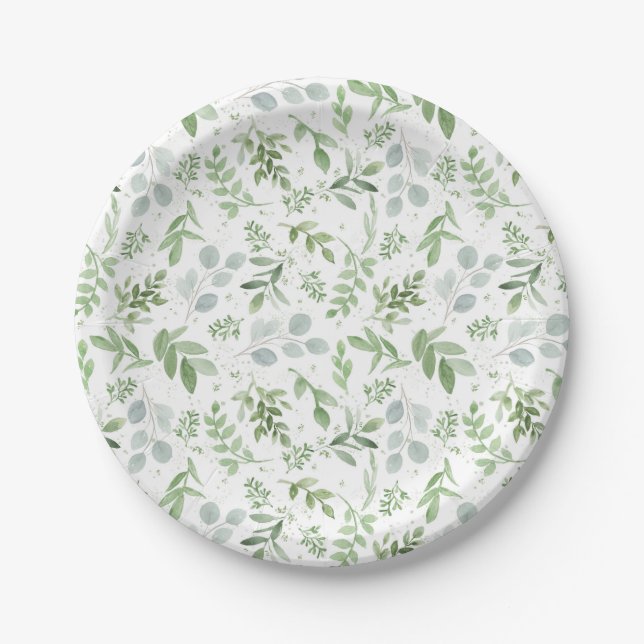 Watercolor Eucalytus and Greenery Pattern Paper Plates (Front)