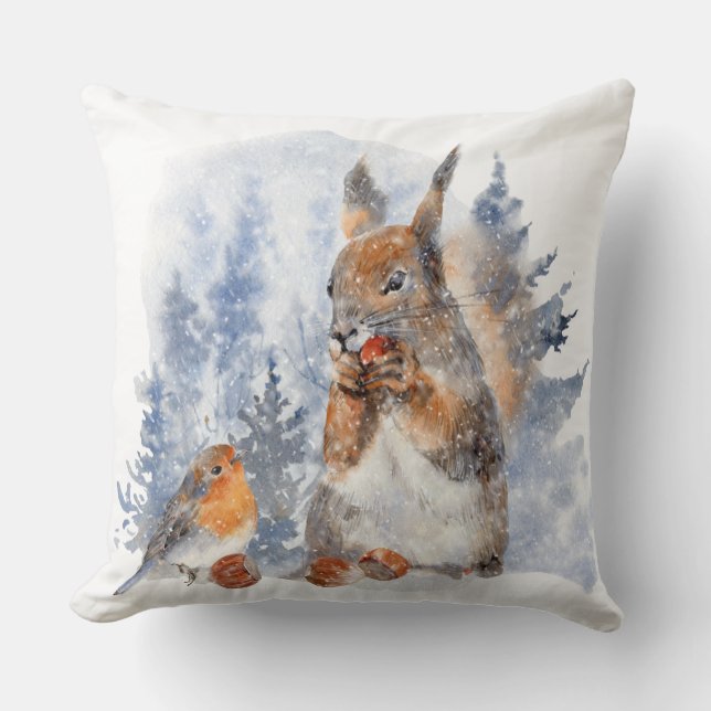 Watercolor European Squirrel and Bird Winter Scene Throw Pillow (Front)