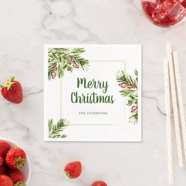 Watercolor Evergreen and Berries Christmas Napkins (Insitu)
