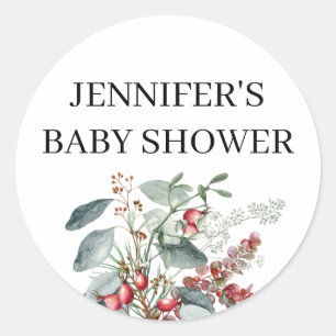 Watercolor evergreen baby shower classic round sticker