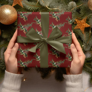Watercolor Evergreen Branch on Cranberry Red Wrapping Paper