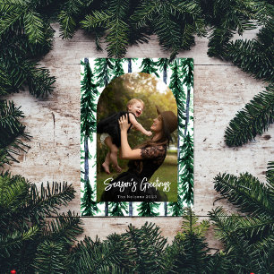 Watercolor Evergreen Christmas Trees Photo Arch Holiday Card