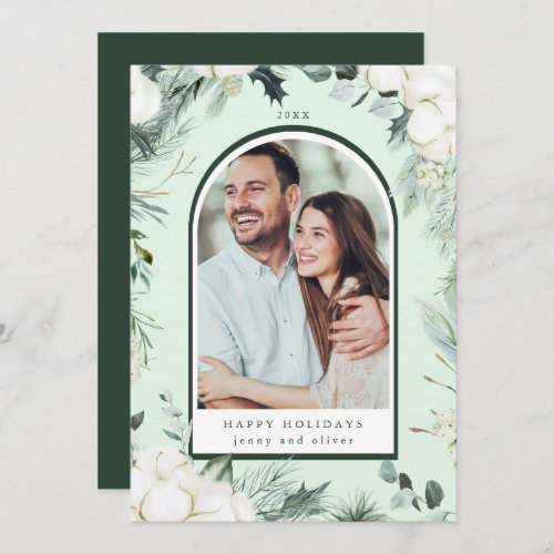 Watercolor Evergreen  Cotton Flowers Arch Photo Holiday Card