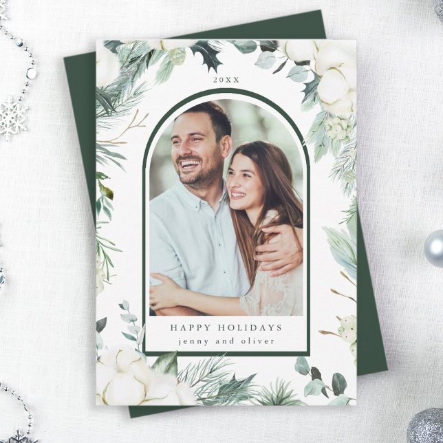 Watercolor Evergreen & Cotton Flowers Arch Photo Holiday Card (Creator Uploaded)