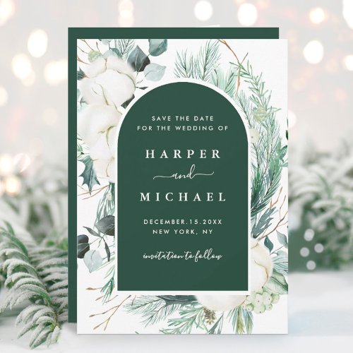Watercolor Evergreen  Cotton Flowers Arch Photo Save The Date