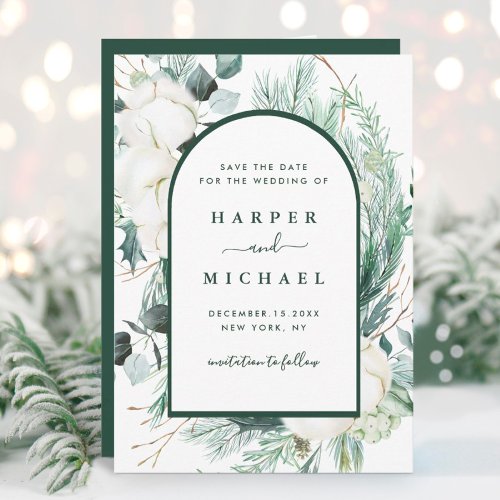 Watercolor Evergreen  Cotton Flowers Arch Photo Save The Date