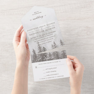 Watercolor Evergreen Forest in Gray Beige Wedding All In One Invitation