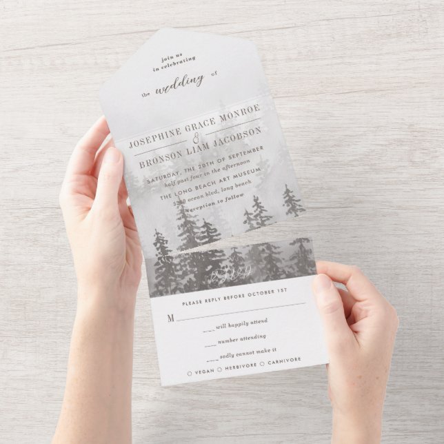 Watercolor Evergreen Forest in Gray Beige Wedding All In One Invitation (Tearaway)