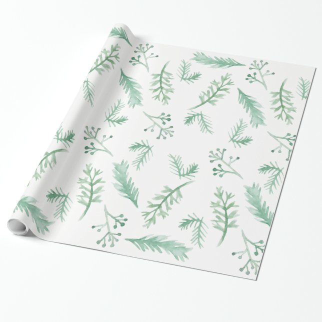 Watercolor Evergreen Holiday Wrapping Paper (Unrolled)