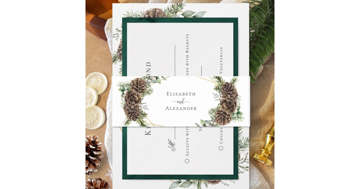 Watercolor Evergreen Pine Cone Winter Wedding Invitation Belly Band ...