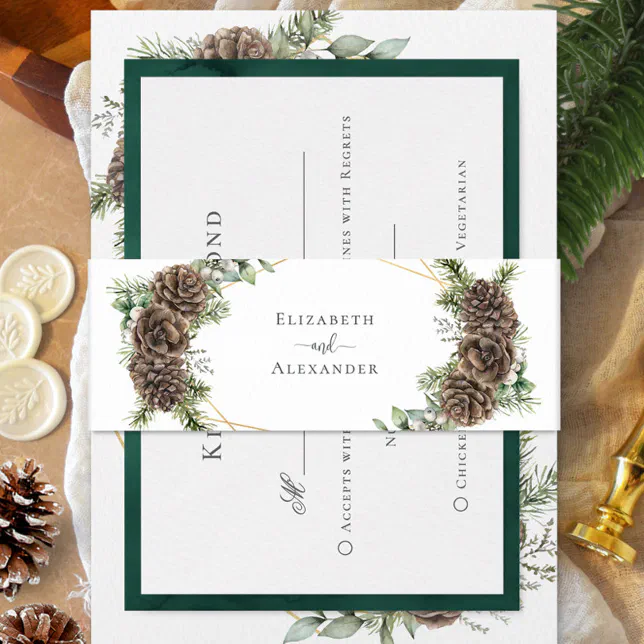 Watercolor Evergreen Pine Cone Winter Wedding Invitation Belly Band ...