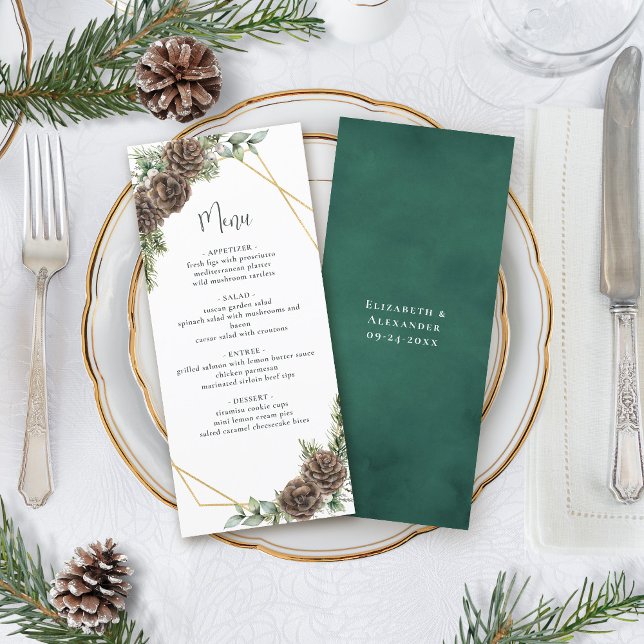 Watercolor Evergreen Pine Cone Winter Wedding Menu (Creator Uploaded)
