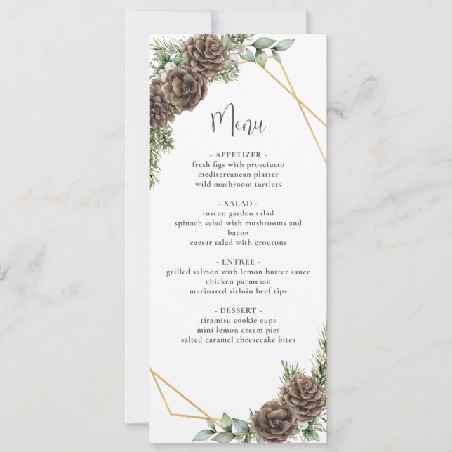 Watercolor Evergreen Pine Cone Winter Wedding Menu Invitation (Front)
