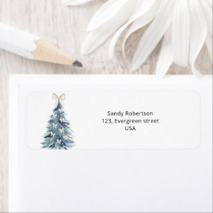 Watercolor evergreen pine tree with bows label