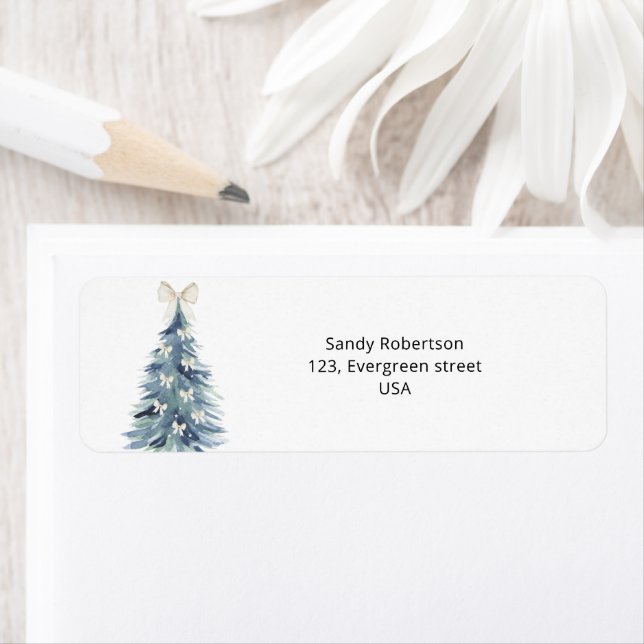 Watercolor evergreen pine tree with bows label (Insitu)